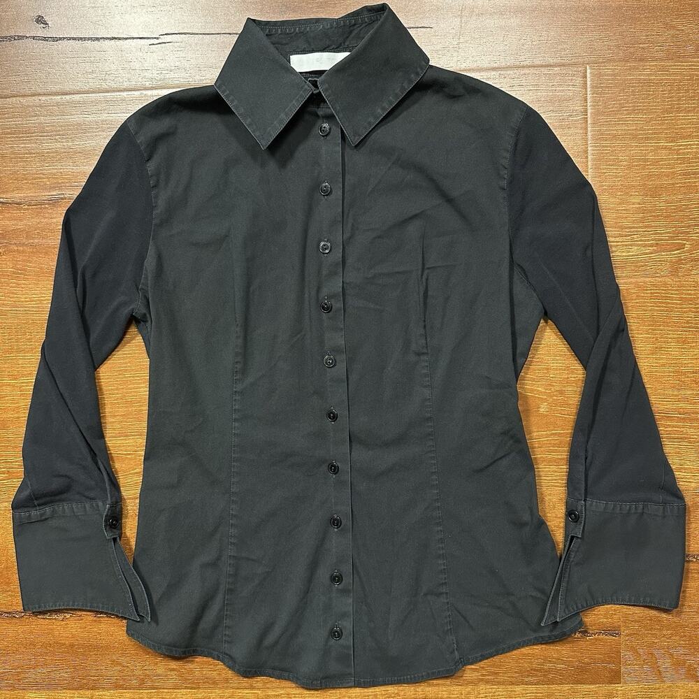 Ann Fontaine Button Up Shirt Womens 50 S Black Long Sleeve Designer Luxury Chic